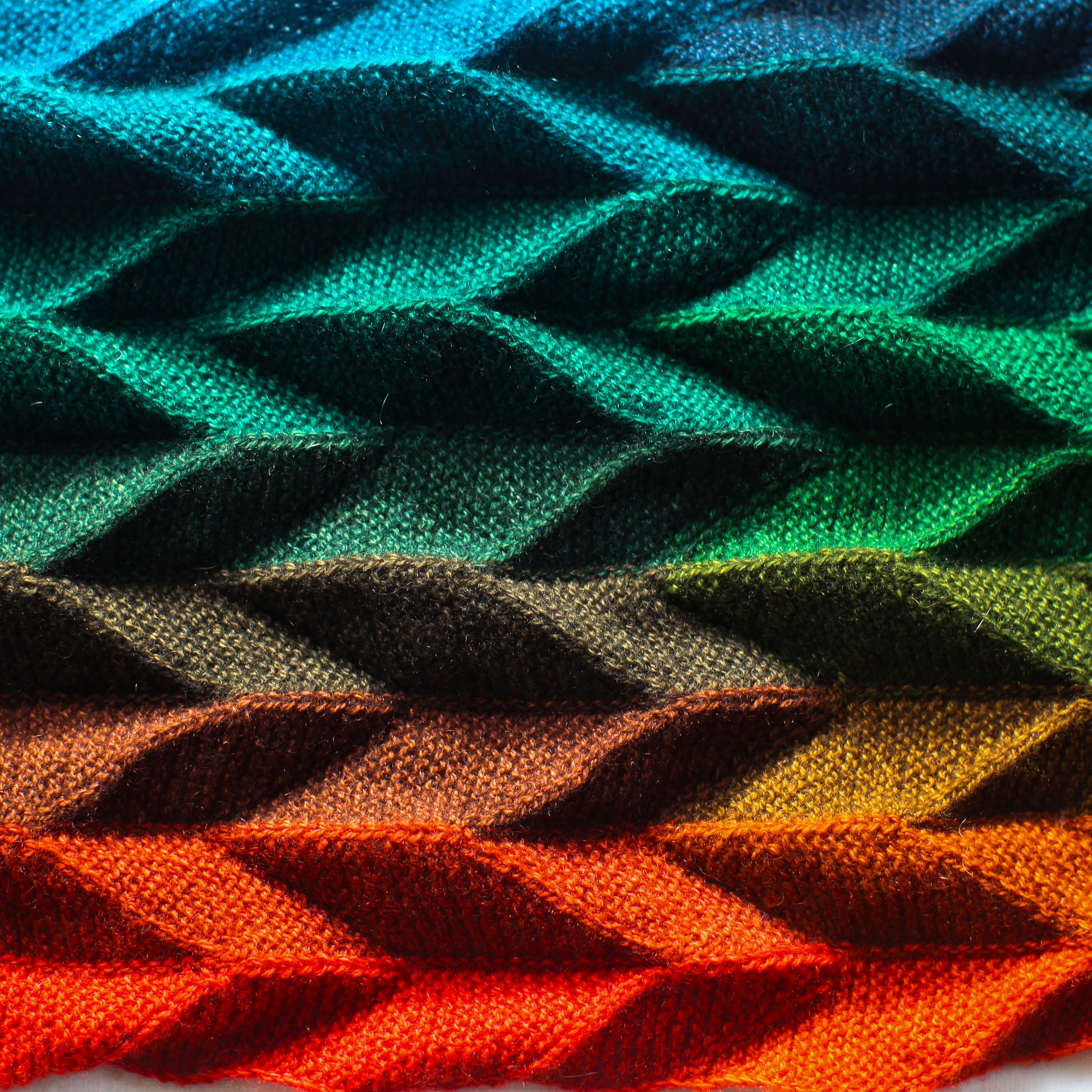 A close up of Shifting Chevrons showing how the shadows fall. Colours are navy, emerald, forest, lime, rust, brown, orange